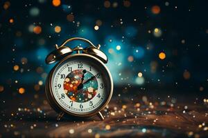 analog clock, confetti and star, new year concept, mockup, copy space AI Generated photo