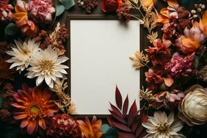 an empty photo frame, surrounded with autumn leaves and decoration, mockup, copy space AI Generated