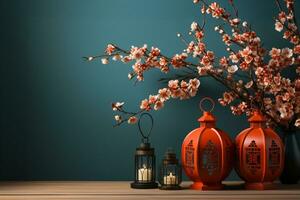 Chinese new year concept, red chinese paper lantern,with mandarin oranges, mockup, copy space AI Generated photo