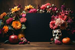 un vacío foto marco, rodeado con ofrecimiento de un cráneo, flores, y velas en el celebracion de el dia Delaware los muertos, , Bosquejo, Víspera de Todos los Santos, Copiar espacio ai generado