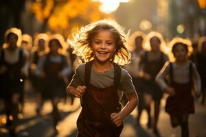 niños corriendo en un maratón durante amanecer ai generado foto