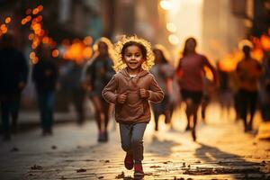 niños corriendo en un maratón durante amanecer ai generado foto