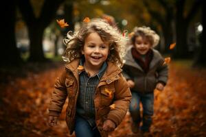 niños felizmente corriendo a el playa durante otoño ai generado foto