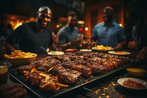 Barbeque pit with sausages and steak on it, blurred people chat  AI Generated photo