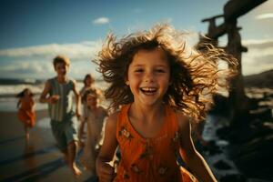 Kids happily running at the beach AI Generated photo
