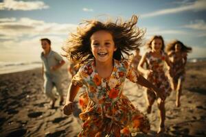 niños felizmente corriendo a el playa ai generado foto