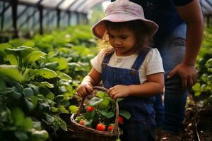 niños punteo fresas en un granja ai generado foto