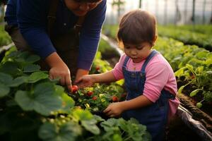 Kids plucking strawberries in a farm AI Generated photo