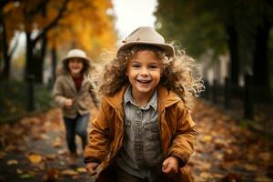 niños felizmente corriendo a el playa durante otoño ai generado foto