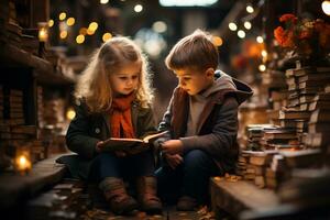 niños leyendo libro a un borroso biblioteca antecedentes ai generado foto