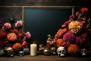 an empty photo frame, surrounded with Offering of a skull, flowers, and candles in the celebration of the dia de los muertos, , mockup, Halloween, copy space AI Generated