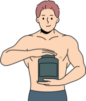 Muscular man holds jar of protein and recommends taking sports nutrition while doing bodybuilding png