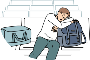 addormentato uomo si siede nel sala la zona a aeroporto e aspetta per arrivo aereo ritardato dovuto per cattivo tempo metereologico png