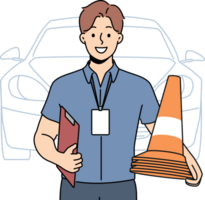 Man instructor from driving school smiles and holds traffic cones inviting to take exam for license png