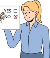 Woman voter demonstrates ballot for presidential elections or referendum with chosen answer no png