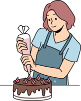 Woman confectioner prepares delicious cake for birthday party and decorates chocolate dessert png