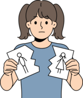 Sad little girl is nervous about parents divorce and is holding torn drawing of mom and dad png