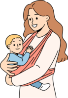 Mother holds baby in carrier sling and smiles, taking care of son and using comfortable babywearing. png