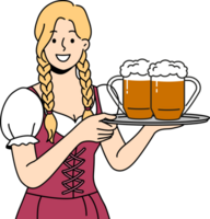 Woman waiter with beer on tray smiles, inviting to visit bavarian festival to try alcoholic drinks png