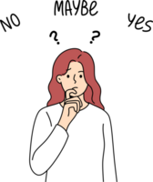 Thinking woman makes difficult solution and reflects on problem that has arisen. png