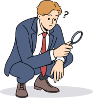 Business man with magnifying glass squats doing work of analyst or supervisor conducting audit png