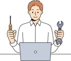 Man repairs laptop after breakdown and holds screwdriver and wrench, working as system administrator png