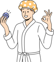 Man with bath bomb is dressed in bathrobe and bandage to protect hair from moisture png