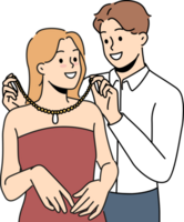 Loving man puts precious necklace around girlfriend neck to help get ready for party png