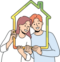 Mens en vrouw met huis schets symboliseert familie eigendom en energie doeltreffend behuizing png