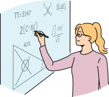 flicka studerande av matematisk skola skrivningar formler på svarta tavlan, lösning komplex ekvationer png