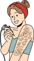 vrouw tatoeages hand- Aan eigen en glimlacht, aanbieden naar gebruik Diensten van professioneel tatoeëren artiest png