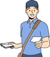 Guy works as postman and with smile holds envelope with letter and delivery correspondence png