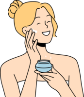 Woman applies anti-aging cream to face to stay beautiful, standing in bath towel after shower. png