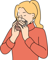 Woman drinks hot tea to keep warm and quench thirst after walk in park in cold winter weather png