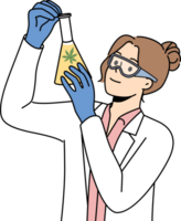 mulher laboratório assistente com cannabis óleo dentro teste tubo e explora cura propriedades maconha png