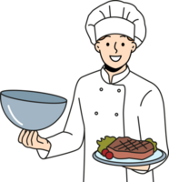 homem chefe de cozinha detém bandeja com carne bife e vegetais, convidativo você para Visita restaurante png