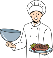 Man chef holds tray with beef steak and vegetables, inviting you to visit restaurant png