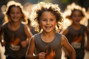 Kids running on a marathon during sunrise AI Generated photo