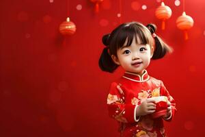 Kids celebrating Chinese New Year on a red background, copy space AI Generated photo