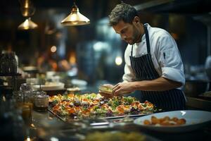 Chef preparing delicious gourmet at a high end kitchen AI Generated photo