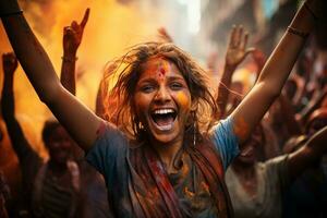 devotees enjoying holi festival on the street AI Generated photo