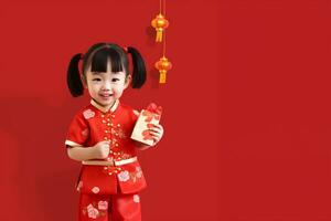 Kids celebrating Chinese New Year on a red background, copy space AI Generated photo