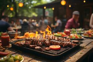 parrilla pozo con salchichas y filete en él, borroso personas charla ai generado foto