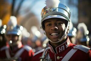 Marching band troops as they march along the street or march as part of a ceremony AI Generated photo