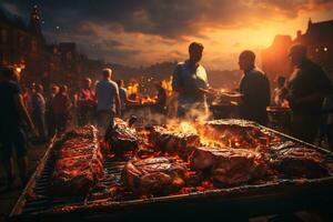 parrilla pozo con salchichas y filete en él, borroso personas charla ai generado foto