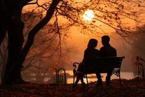 amantes sentado en un banco a un parque, romance vibraciones ai generado foto