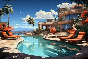 Illustration of a home swimming pool, tropical view AI generated photo