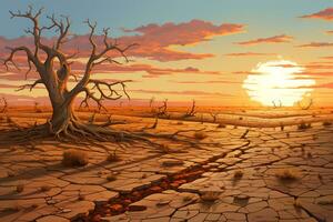Illustration of massive draught, dry cracked land, el nino AI generated photo
