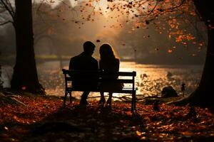 Lovers sitting in a bench at a park, romance vibes AI generated photo
