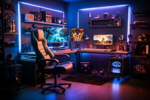 interior of gaming room setup with neon lights AI generated photo